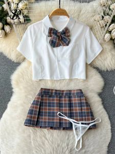 Suits SingReiny Cosplay Erotic Porn Outfit Women Lapel Neck Short Shirt+Plaid Mini Kjol+Thongs 2023 Preppy Style Sexig Nightwear