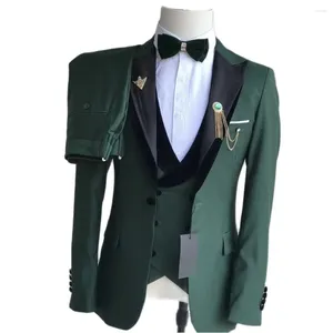 Abiti da uomo Abito completo 3 pezzi Verde scuro Nero Raso di velluto Risvolto Slim Fit Set maschile Abito da sposo formale da sposo Giacca con pantaloni