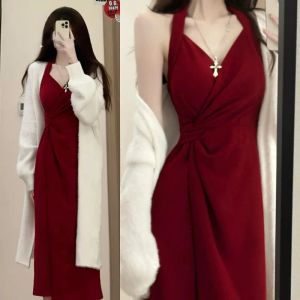 Passar Two Piece Luxury Temperament Women White Sweater Red Dress Set Fashion Casual Elegant Chic Sexy Midi BodyCon Sling Dresses Suit