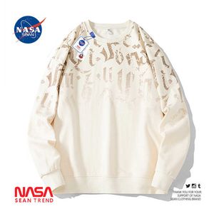 メンズフーディーズスウェットシャツNASA COブランドトレンディな大きな丸いネックメンズ新しい春と秋のレジャーロングスリーブボトムTシャツトップ