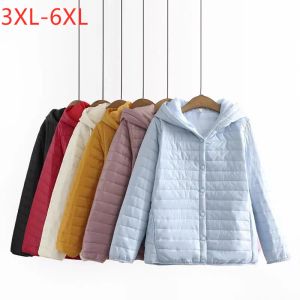 Outwear New Ladies Autumn Winter Plus Size Wadded Jacket For Women Stor långärmad blå knapp tunn kort hoodie -kappa 3xl 4xl 5xl 6xl