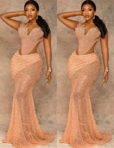 Size Plus Arabic Aso Ebi Mermaid Gold Lace Prom Dresses Sheer Neck Beaded Evening Formal Party Second Reception Gowns Dress