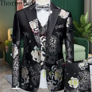 Anzüge Thorndike 3 PCs Anzug Set Blazers Jacke Hose Weste / Herren Boutique Hochzeit Dunkelmuster Hochzeit Bester Moderator formelle Kleiderhole