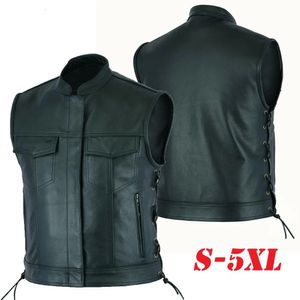 Mens Leather Motorcycle Waistcoat With Cargo Pockets Fashion Biker Vest With Side Laces Mens Black Tops 240223