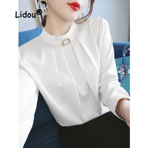 Outono moda cor sólida escritório plissado blusa feminina de alta qualidade manga longa o-collar all-match chiffon senhora camisa 240223