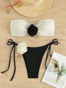 Set Sexy 3D Floral Designer Bikini Set 2024 New Bandeau Push Up Bra Black White Patchwork Micro Swimsuit Bathing Suit Thong Swimwear