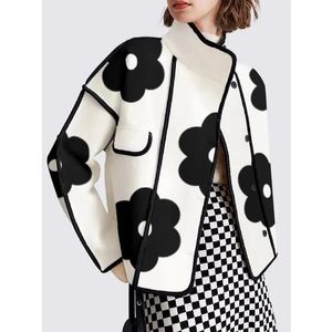 Stand Collar Women Printed Patchwork Jackets Fashion Black Flower Buttonup Lady Coat Long Sleeves Autumn Outerwear 240307