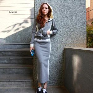 Skirt Women Two Piece Skirt Set Top and Korean Style Maxi Skirt Fashion Clothing Long Sleeve Hoodies Outfits Trendy