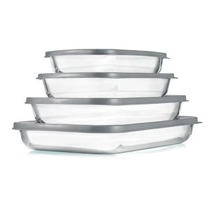 Nutrichef 4 Set Glass Bakeware High Borosilicate Rectangular Baking Dish w/ Grey BPA-Free Lidssafe för ugnmicrowavefridge 240227
