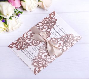 Rose Gold Glitter Laser Cut Invitation Cards med Beige Ribbons för bröllop Brudduschengagemang Födelsedagsgradering7755803