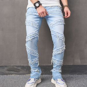 Streetwear Männer Stilvolle Gespleißt Schlank Biker Jeans Hosen Hip Hop Gestapelt Männlich Solide Jogging Gerade Denim Hosen