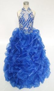 Vintage Royal Blue Flower Girls Dresses For Weddings with Rhinestones Beaded High Neck Ruffles Teens Pageant Ball Gowns in Stock C1283492