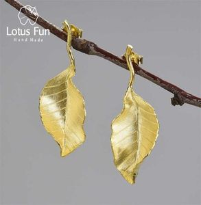 Lotus Fun Echt 925 Sterling Silber Luxus Elegante Herbst Große Blätter Ohrstecker für Frauen Trend 18K Gold Schmuck 2201084045456