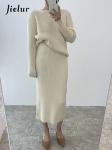 Jielur сплошной цвет из двух предметов, тонкие вязаные облегающие женские юбки, простые базовые модные юбки, женские белые, черные, серые уличные шикарные топы 240307