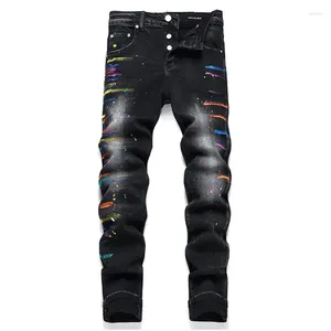 Men's Jeans Mcikkny Men Hip Hop Ripped Pants Printed Streetwear Black Denim Trousers Slim Fit