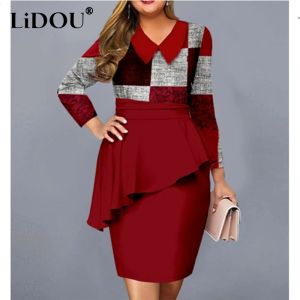 Dresses Autumn Winter Patchwork Plus Size Fashion Sexy Hip Package Dress Long Sleeve Print Irregular Ruffle Chic Oversized Bodycon