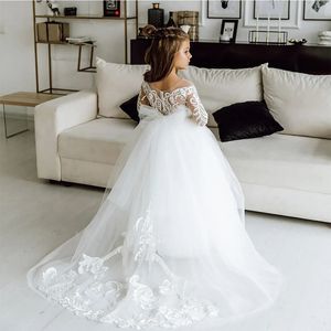 Fatapaese branco crianças vestido de dama de honra para meninas flor manga longa floral renda tule uma linha vestido appqulies casamento até 240304