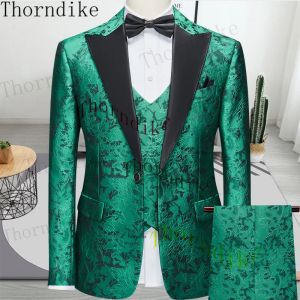 Garnitury Thorndike zielone klasyczne kwiatowe mężczyzn garnitury na wesele 3 sztuki pary tuxedos męski moda obiad PROM Blaze kamizelka kamizelki