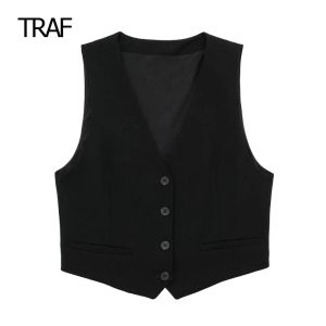 Waistcoats Traf Vests for Women 2023 Summer Linen Vneck Vest Sleeveless Cool and Black Suit Väst bästsäljande produkttoppar för kvinnliga