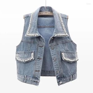 Gilet da donna moda coreana design perlato gilet di jeans 2024 giacca senza maniche con perline estive capispalla blu streetwear femminile