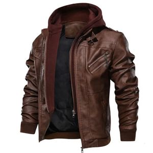 EU Size Mens Winter Leather Jackets Casual Motorcycle Biker PU Coats Outdoor windproof and warm Hooded Outwear 240223