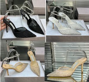 Neue Kristall Kette Sandalen Designer Spitz Dünne High Heels Hochzeit Schuhe Flacher Mund Zurück Leere Pailletten Sexy frauen Schuhe