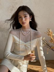 Top da donna in maglione con colletto alla coreana in pizzo patchwork floreale a maniche lunghe con fiocco lavorato a maglia SMLXLXXL