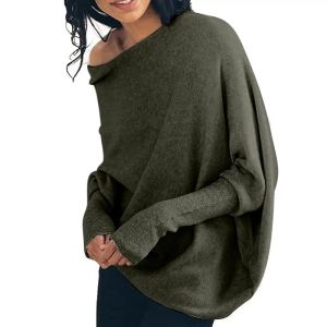 Pullovers Womens Long Batwing Sleeve Fall Women Solid Crew Neck Longeple Off the Shoulder Sweater Slouchy Knit Pullover For Women