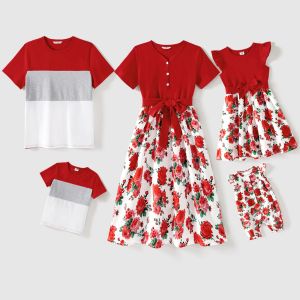 Vestidos patpat família combinando roupas 95% algodão manga curta colorblock camisetas e estampa floral conjuntos de vestidos emendados