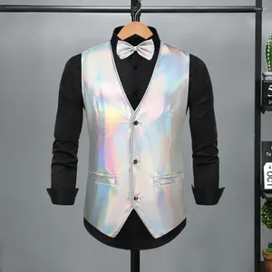 Männer Westen Männer Hochzeit Weste Fantasie Farbe Weste Retro Disco Fliege Set Für Bräutigam Party Glänzend V-ausschnitt