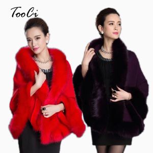 Pela nova moda Spring Mulheres Faux Peur Coat Leather Grass Fox Pur Ponchos And Capes Lady Purple Shawl Cape Wool Fur Casal