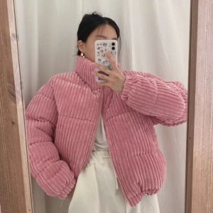 Parkas Autumn Winter Cotton Corduroy Parkas Chaquetas Mujer Puff Stand Collar Jackets Parka Clothes Puffer Jacket Chic Coats White Pink