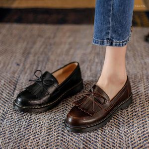 Casual Shoes Vintage Leather Tassel Bow Loafers Tjock Sole Black Brown Flat Women Brogues Cowhide Nostalgic Driving