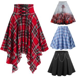 Kleider Weihnachten Damenbekleidung Gothic Nieten Hohe Taille Plaid Mini A-Linie Rock Solides Partykleid Niete 5XL