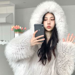 Mid Length Young Haining Fox For Women's Big White Bear Hooded Encrypted Thickened Woven Fur Coat 852307