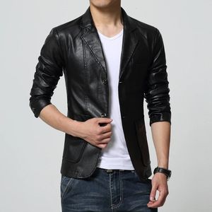 Fashion Mens Casual Boutique Suit Leather Jacket / Male Solid Color Business Collar PU Blazers Long Sleeve Dress Coat 240228