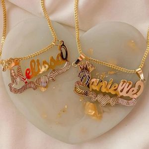 18K Sold Gold Yellow Cursive Crown Heart Custom Nameplate Pendant Necklace Stainless Steel Jewelry For Women Mothers Gift 240221