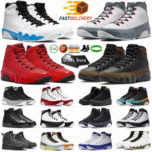 Med Box 9 Men basketbollskor 9s Fire Red Light Olive Concord Particle Gray UNC Chile Blue Blued Patent Anthracite Mens Trainers Sport Sneakers H3XC#