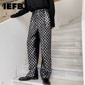 Pants IEFB Men's Niche Black And White Checkered Sequin Patchwork Men's Long Pants Straight Wide Leg Design Chic Trousers Korean Y9982