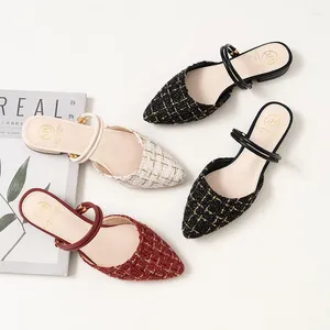 Sandals Mules Women Pointed Toe Plaid Cloth Two Wears Slip On Summer Slides Shoes Female Low Heel Glitter Sandalias Big Size 42