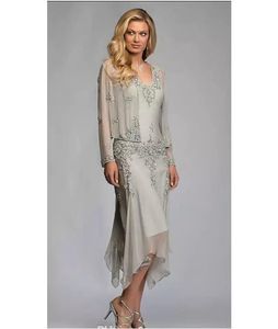 Lindo vestido de chiffon cinza prateado, apliques de renda, comprimento do chá, vestidos para mãe da noiva, decote em v com jaqueta, decote em v profundo para casamentos