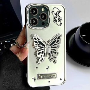 Cell Phone Pouches INS Silver Plating Hollow Butterfly Holder Phone Case Pro Max Cartoon Folding Bracket Shockproof CoverH240307