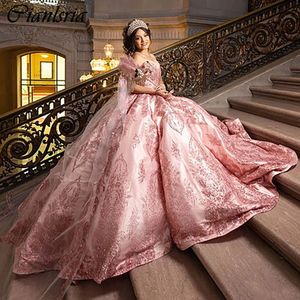 Pink Off The Shoulder Beading Tassel Ball Gown Quinceanera Dresses Sequined Appliques Lace Corset Vestidos De 15 Anos