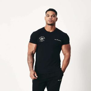 Camiseta masculina verão novo esporte casual algodão em torno do pescoço impressão fino ajuste manga curta ginásio correndo treinamento roupas fiess