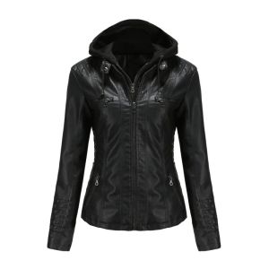 Jaquetas novas em 2023 outono inverno jaquetas de couro falso para mulheres moda com capuz preto casacos e jaqueta feminina plutônio zíper outerwear