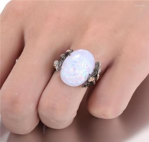 Cluster Rings AMORUI White Fire Opal Natural Stone For Women Vintage Plum Blossom Tree Flower CZ Drop Whole3937782