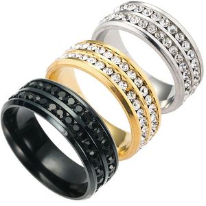 Com pedras laterais anéis de aço inoxidável coreano 2 fileiras fl pedras de cristal strass diamante tênis anel de casamento para mulheres moda jóias dh0f4