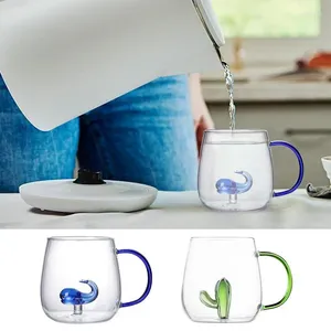 Kieliszki do wina 3D Mug Mug Zwierzęta szklana kubek z uchwytem odpornym na sok w wysokiej temperaturze kaktus i zimna woda