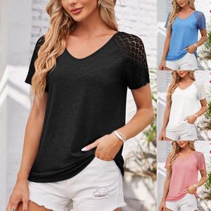 Women's T Shirts Summer Black V Neck Short Sleeve Casual Clothing Fashion Loose Top Lace Woman Street Wear
