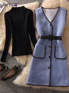 Mode vneck singelbröst väst coathalf hög krage smal långärmad stickad tröja kvinnor två peice set eleganta kostymer 240304